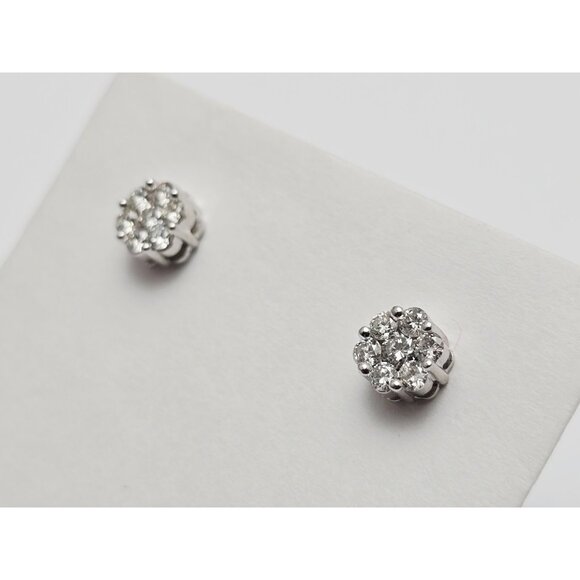 Beautiful 14K Solid White Gold Designer Round Cut Diamond Flower Stud Earrings - Picture 6 of 13